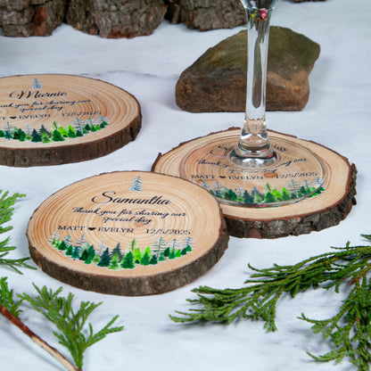 Woodlands wedding coasters, wood slices with tiaga forest design