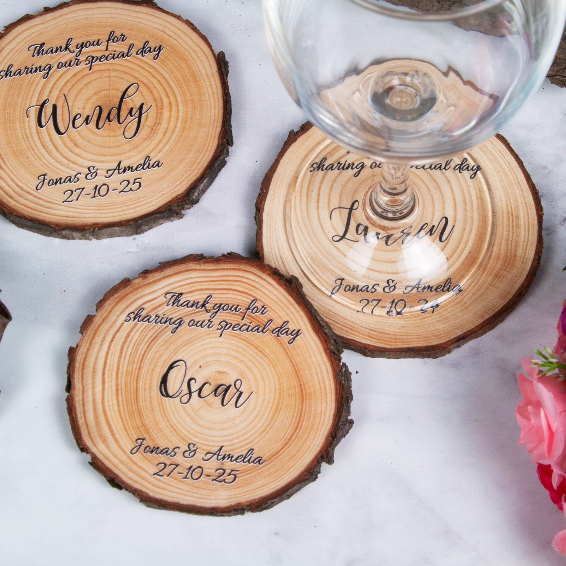 Unique coasters for rustic weddings made from real wood slices