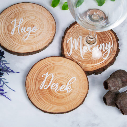 Unique wood slice placecard coasters for wedding